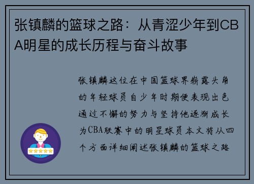 张镇麟的篮球之路：从青涩少年到CBA明星的成长历程与奋斗故事